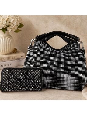 Sparkling Black Rhinestone Covered Shoulder Purse & Matching Wallet 2 Piece Set